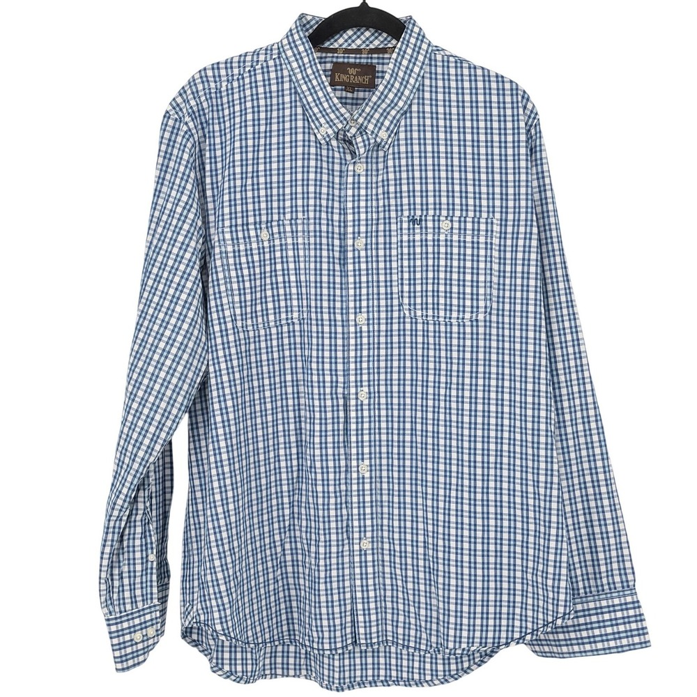 King Ranch Mens XL Western Blue White Gingham Check Button Down Long Slv Shirt